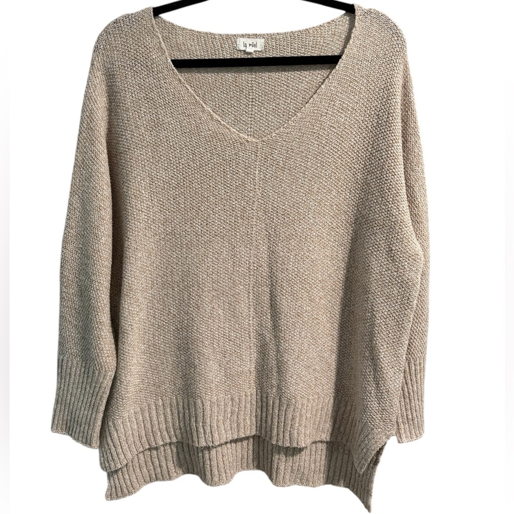 La Miel V-Neck Oversized Sweater Tan Beige Medium High-Low Slit JLS3504